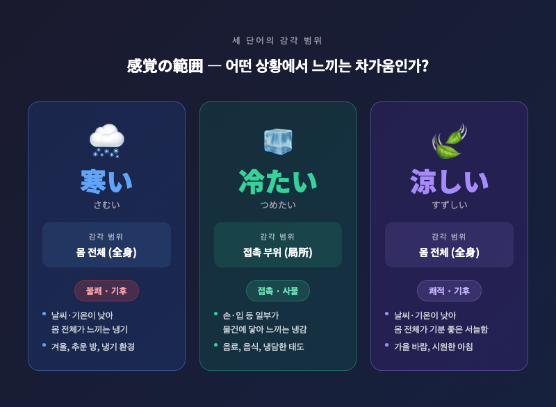 세 단어의 감각 범위를 도식화한 인포그래픽 — 寒い(전신·기온), 冷たい(접촉 부위), 涼しい(전신·쾌적) 비교