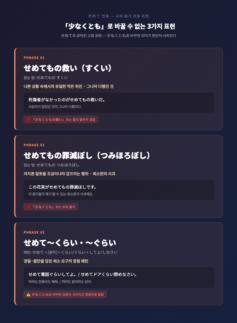 せめて 전용 관용표현 3종 카드 — せめてもの救い・罪滅ぼし・～ぐらい