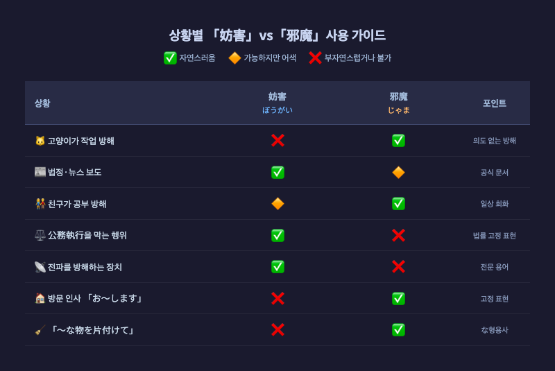 상황별 妨害 vs 邪魔 사용 가능 여부를 시각화한 비교 인포그래픽 — 표 형태, 각 상황에 색깔 구분(초록/노랑/빨강)
