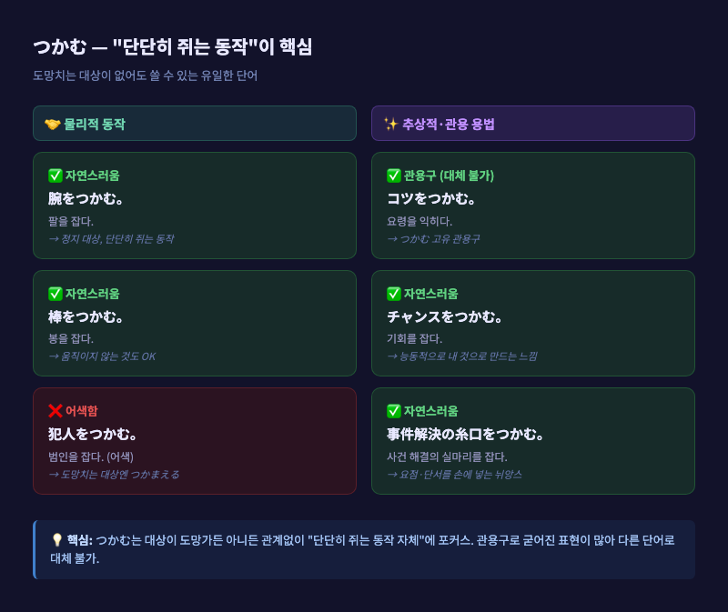 つかむ의 물리적 동작(손으로 쥐는 장면)과 추상적 용법(코츠를 잡는 장면)을 나란히 배치한 일러스트