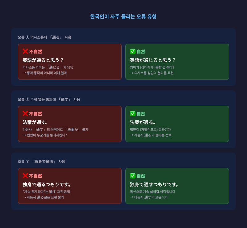 한국인 일본어 학습자의 「通る」「通じる」「通す」오류 유형 요약 카드 이미지