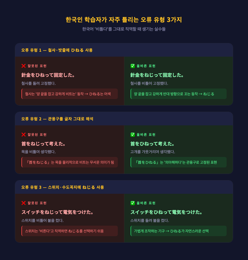한국인 학습자 오류 유형표 — 3가지 케이스를 ❌/✅ 형태로 비교 정리한 인포그래픽