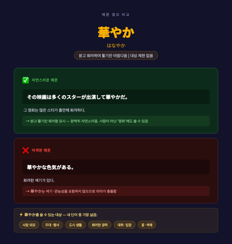 華やか 이미지 — 화려한 무대 혹은 꽃처럼 빛나는 환한 분위기의 여성 실루엣 일러스트. 앞의 세 단어들보다 밝고 긍정적인 톤으로