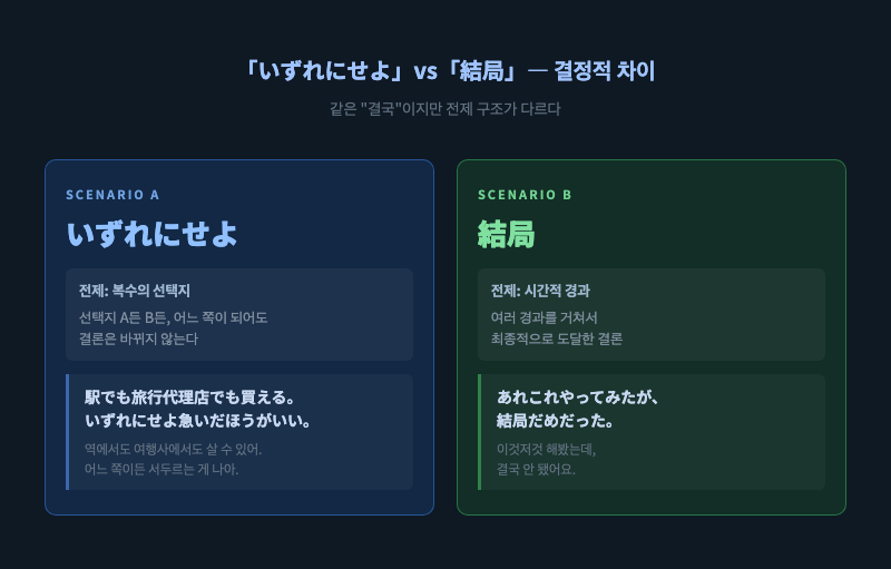 「いずれにせよ」와 「結局」의 차이를 두 개의 상황 시나리오로 대조하는 비교 일러스트 — 왼쪽은 복수 선택지 후 결론, 오른쪽은 시간 경과 후 결론