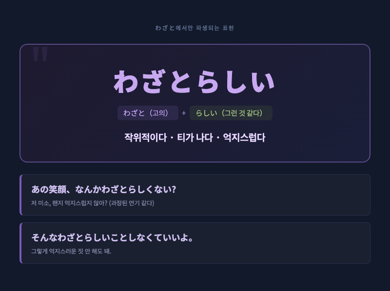 「わざとらしい」의 느낌을 표현하는 일러스트. 과장된 표정으로 연기하는 인물과, 옆에서 '어쩐지 어색해...'라고 생각하는 인물 구도.