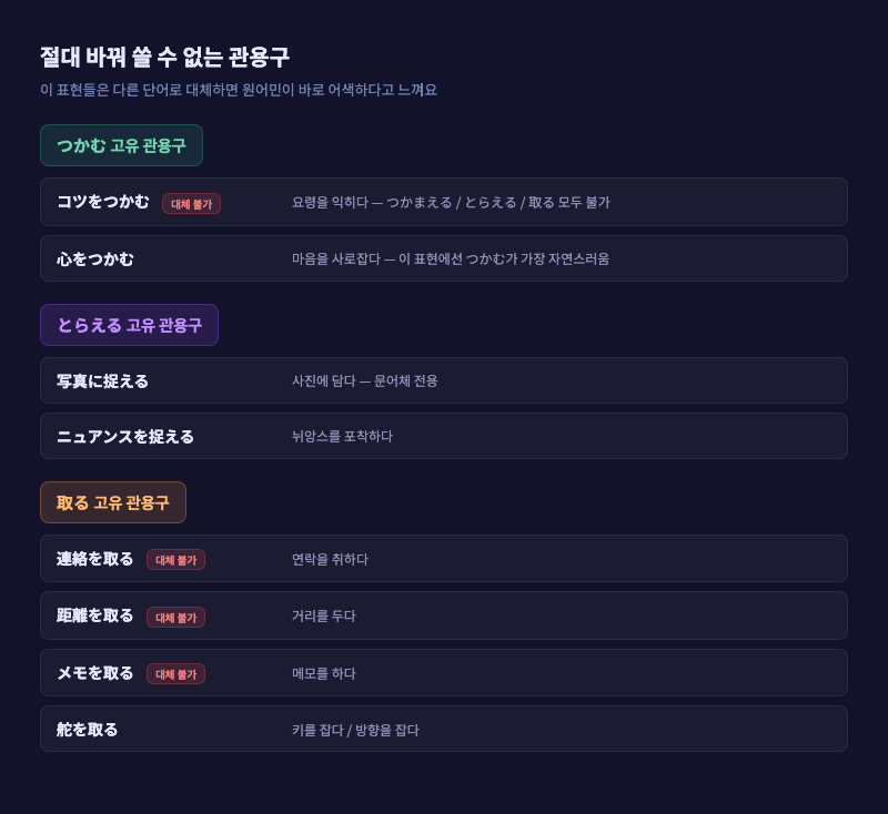관용구 목록 카드 — "바꿀 수 없는 표현" 강조 디자인