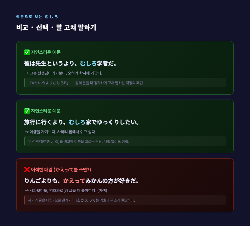 두 선택지(예: 여행 vs 국내 온천, 사과 vs 귤) 앞에서 하나를 고르는 사람 — 「むしろ」의 비교·선택 감각 일러스트