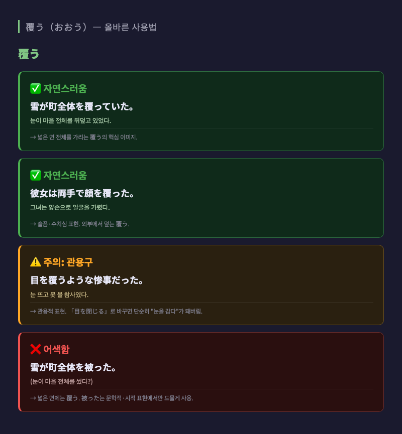 覆う 사용 예시 — 눈 덮인 마을 풍경 일러스트, 넓게 퍼진 이미지 강조