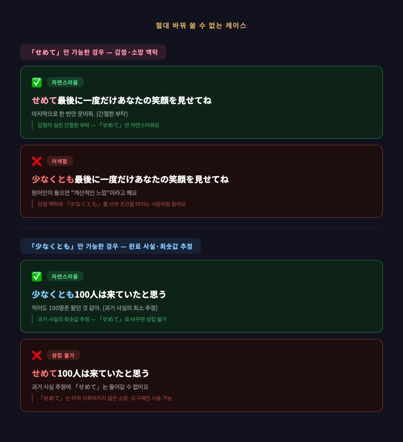 교환 불가능한 케이스 비교 카드 — ✅/❌ 두 칸으로 나눠 각 단어의 전용 상황 정리한 인포그래픽