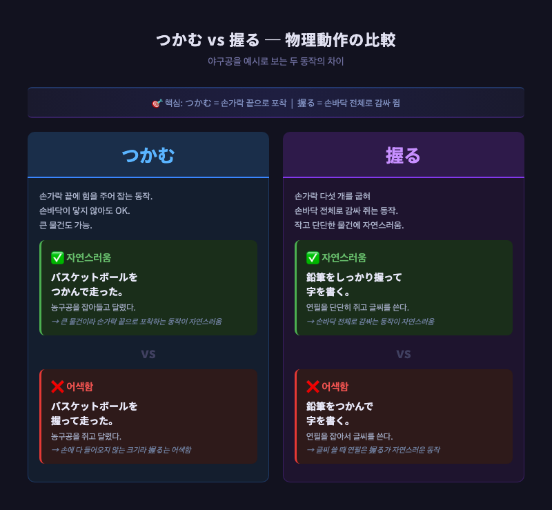 야구공을 つかむ vs 握る 두 방식으로 잡는 손 비교 일러스트. 왼쪽은 손가락 끝으로 포착하는 동작, 오른쪽은 손바닥 전체로 감싸 쥔 상태.