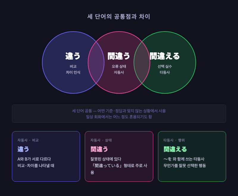 세 원이 겹치는 벤다이어그램 — 違う・間違う・間違える 공통점과 차이