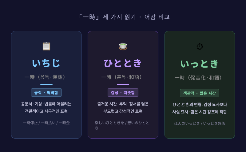 いちじ / ひととき / いっとき 세 단어를 나란히 배치하고, 각각의 어감(漢語·딱딱함 / 和語·따뜻함 / 和語·객관적)을 색상·아이콘으로 구분한 인포그래픽