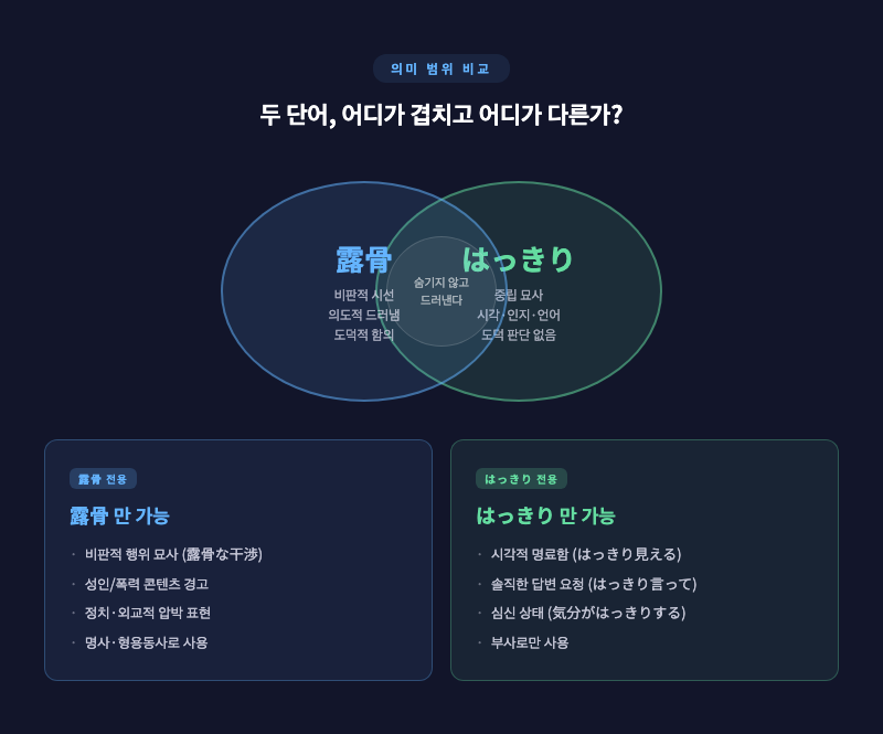 「露骨」와 「はっきり」를 나란히 놓고, 각각의 의미 범위를 겹치는 원(벤 다이어그램)으로 표현한 인포그래픽