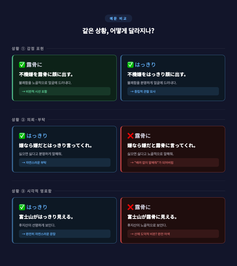 동일한 상황에서 「露骨」와 「はっきり」를 각각 쓴 예문을 카드 형태로 나란히 비교하는 인포그래픽