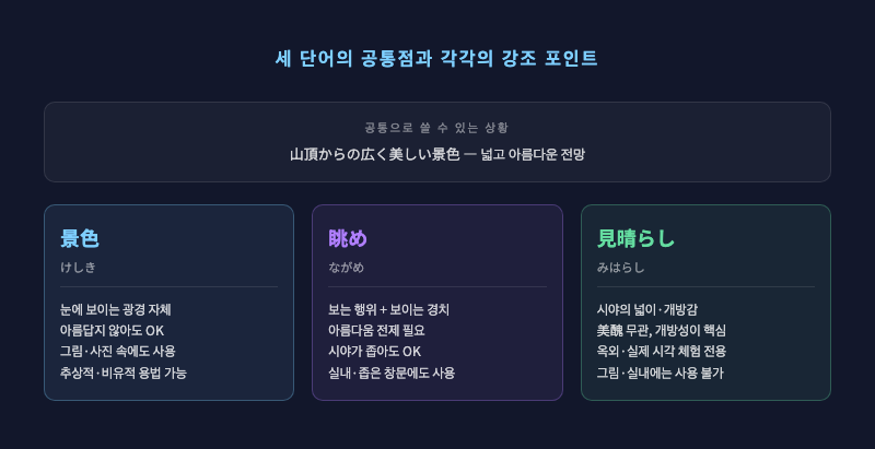 세 단어의 공통 사용 가능 상황과 각각의 강조점을 보여주는 벤다이어그램 인포그래픽