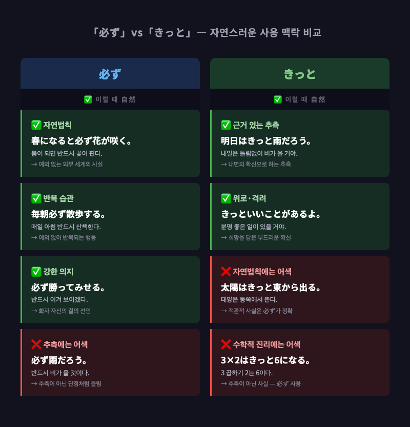 「必ず」와 「きっと」의 자연스러운 사용 맥락 비교 카드 — 왼쪽에 자연법칙/수학적 사실은 「必ず」, 오른쪽에 추측/확신 표현은 「きっと」 도식화