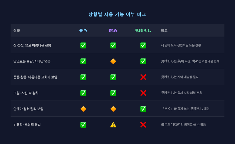 위 비교표를 시각화한 인포그래픽 — 세 단어별 사용 가능 상황을 아이콘과 색상으로 구분