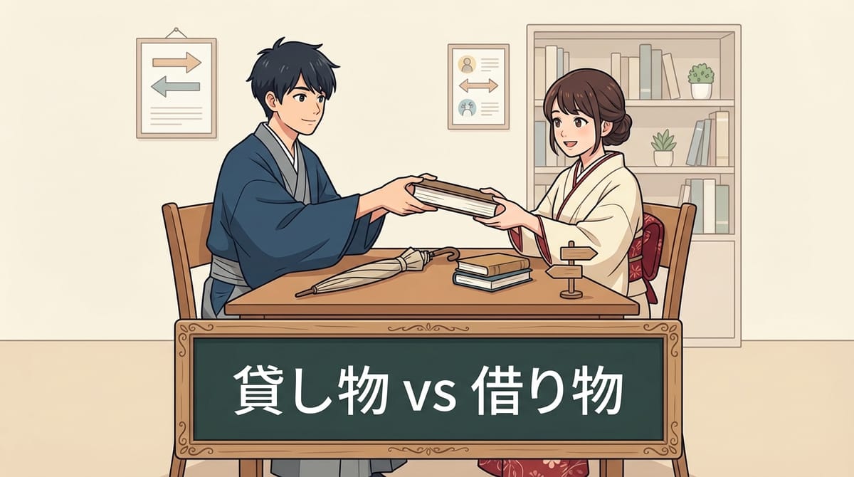 貸し物와 借り物 단어가 화살표로 관점 차이를 보여주는 이미지