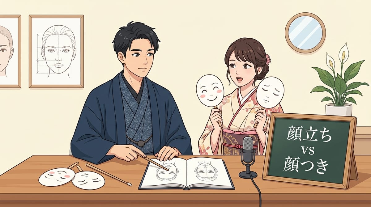 두 사람의 얼굴 클로즈업, 한쪽은 정적인 이목구비를, 다른 쪽은 감정이 드러난 표정을 보여주며 顔立ち와 顔つき의 차이를 시각적으로 표현