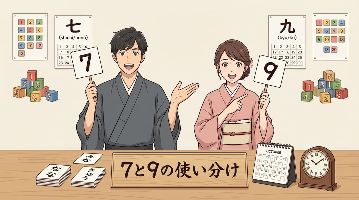 일본어 숫자 7과 9가 강조된 캘린더와 시계 이미지