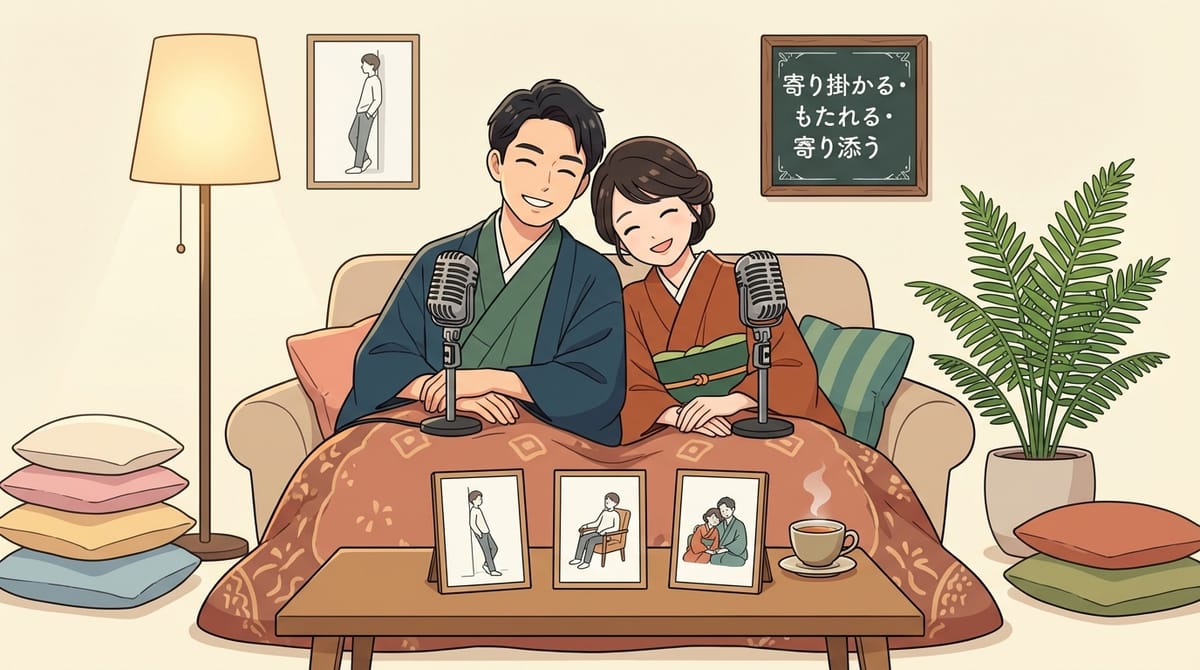 寄り掛かる, もたれる, 寄り添う 세 단어의 뉘앙스 차이를 설명하는 이미지